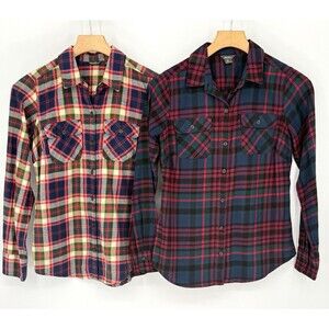 Eddie Bauer Plaid 100% Cotton Long Sleeve Forest Flannel Womens XS Lot Soft‎